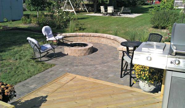 Concrete Paver Patio with Fire Pit and Seating Wall